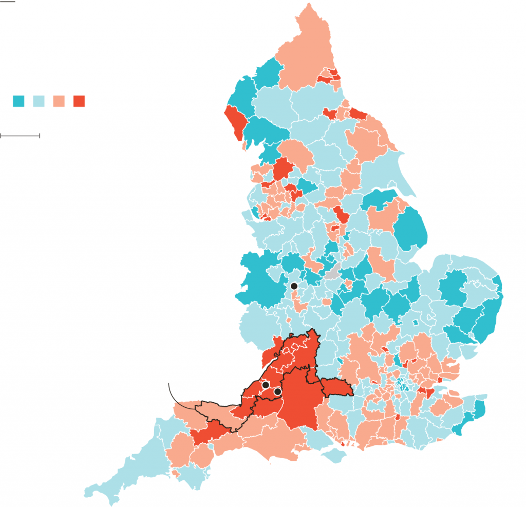 Map of UK showing the difference in rates of positive tests from period of false negatives to month after,