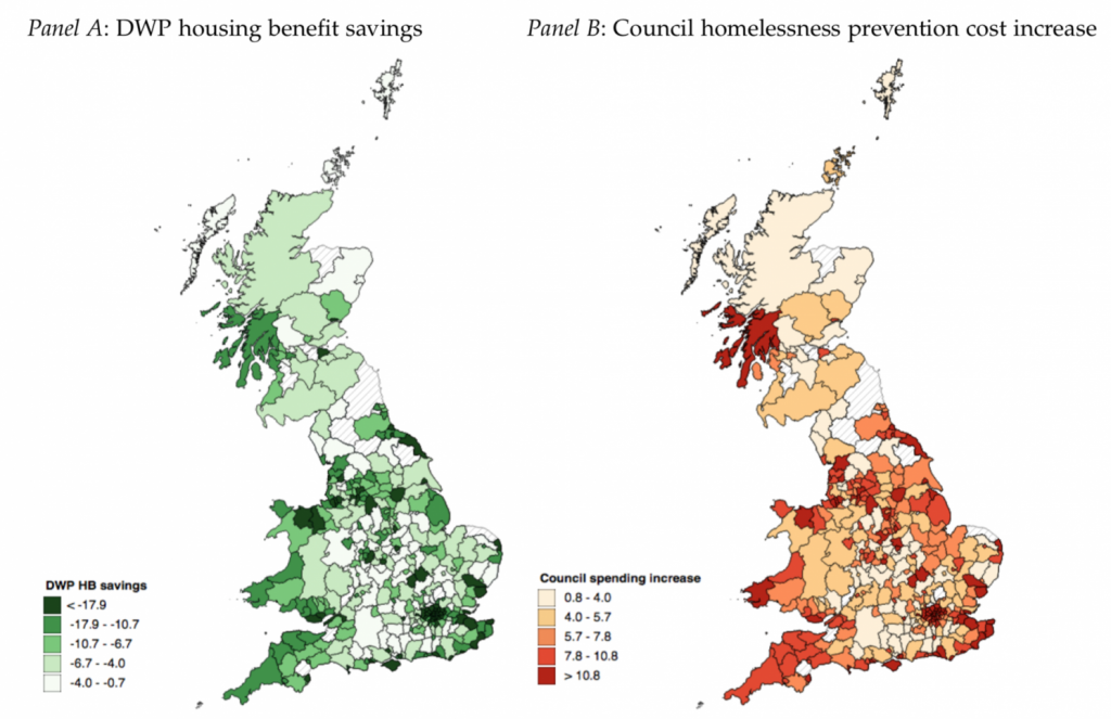 Two maps of the UK with colour coding to show the cost-benefit analysis: Implied fiscal savings to central government from housing benefit cut versus higher council spending on homelessness (pounds per resident household)