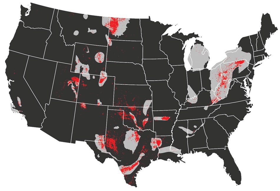 Map of US in black with unconventional oil and gas wells across the United States and shale plays identified by red and grey colour.